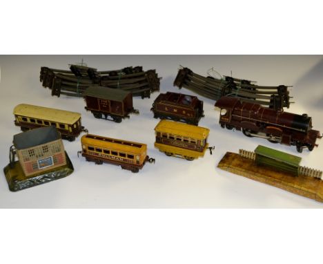 A Hornby 'O' Gauge 4-4-2 Royal Scot locomotive and six wheel tender, LMS Burgundy livery, Rn 6100;  LMC Fish van No 7674;  Pu