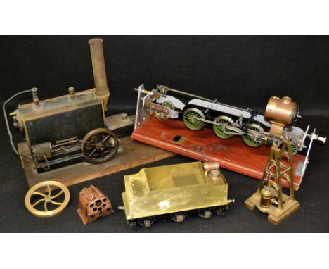A Scratch built stationary steam engine on wooden base;  a part scratch built live steam locomotive, comprising 2-6-2 chassis