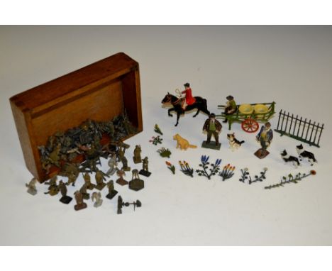 Models - a Britains Toys Farmer with lamb;  a Huntsman on black horse;  a green and red cart,  two cream plant pots, flowers;