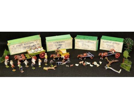 Britains Home Farm Series - a Horse Rake, no..8F boxed;   Horse Roller, no.9F, boxed;   Farm Wagon, no. 5F, boxed;  Tumbrel, 