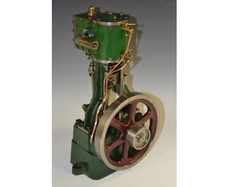 A well built Stuart 5A station vertical single beam steam engine, 2 1/4 inch bore, 2 inch stroke, green painted body, 37.5cm 