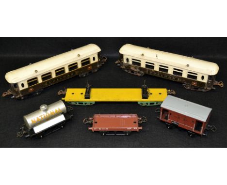 Hornby Toys - a No 1 National Benzole petrol tanker, 918;  a No 50 Good brake van;  a No 1 Low side wagon;  all boxed;  a pai