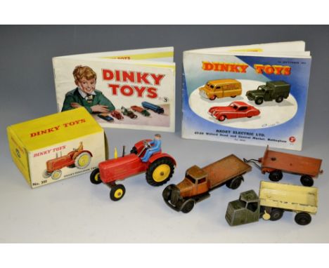 Dinky Toys - 300 Massey-Ferguson Tractor, red body, yellow wheels, blue driver, boxed;  25C, type 4, flat truck and trailer, 