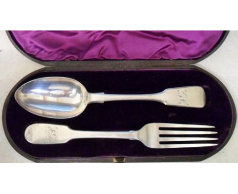 Cased silver monogrammed fork and spoon set London 1844 Maker Hayne & Cater and Exeter 1850 Maker Robert, James & Joshua Will