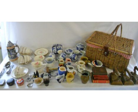 Various items inc ceramics, flat irons & picnic hamper