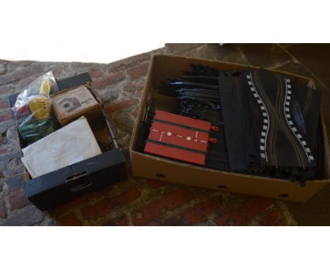 Scalextric set 30 & 60 including track, red lap counter, hand throttles etc