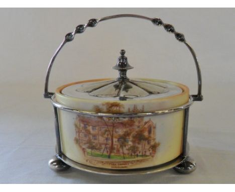 Locke & Co Shrub Hill Works Worcester blush tinted preserve pot set into a silver plate handled stand and lid
