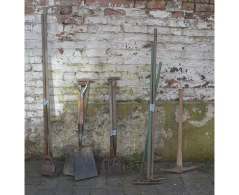 Various garden tools including spades, forks, pick axe etc