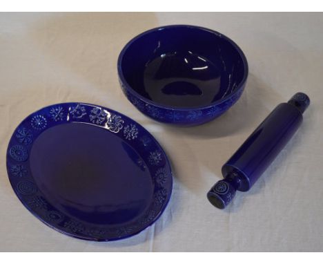 Blue Portmeirion 'Totem' large bowl, dish and rolling pin