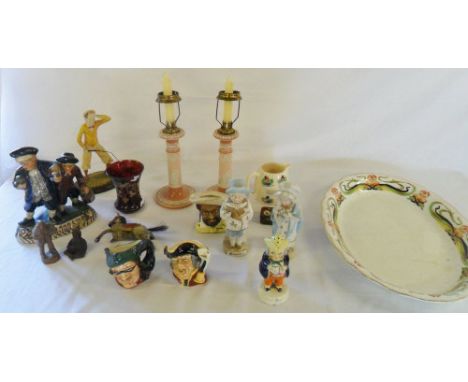 Assorted ceramics etc inc pair of Carlton ware candlesticks & Royal Doulton character jugs (1 af)