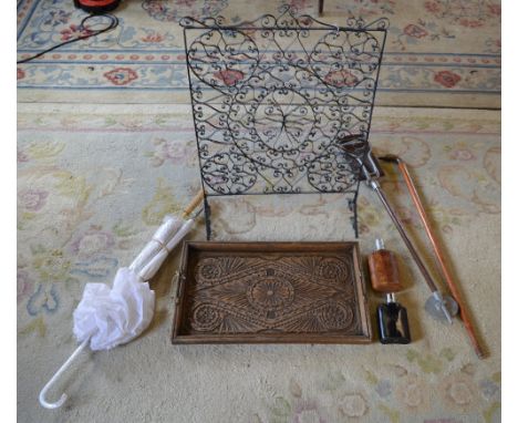 Fire guard, carved wooden tray, hip flasks, shooting stick etc