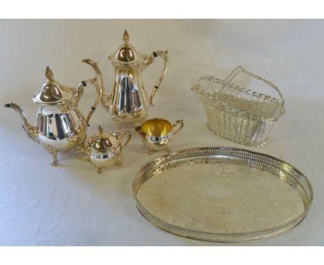 Silver plate tea service, tray & wine basket