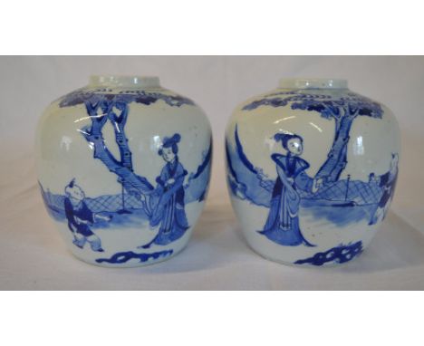 Pair of Chinese blue & white porcelain bulbous vases depicting a woman and child with Kangxi Nian Zhi marks to base