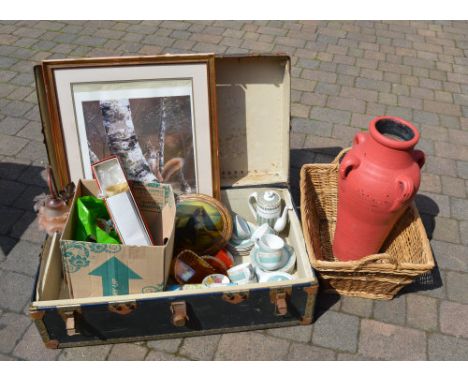 Large trunk of ceramics including Wedgwood & Spode, Mrs Beeton cookery book, lamp etc