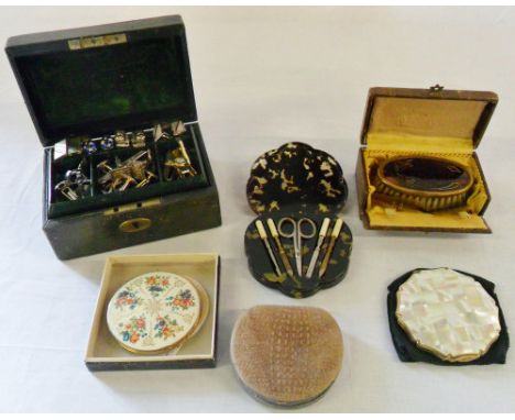 Various compacts inc Stratton, jewellery box containing cuff links and tie pins & manicure set etc