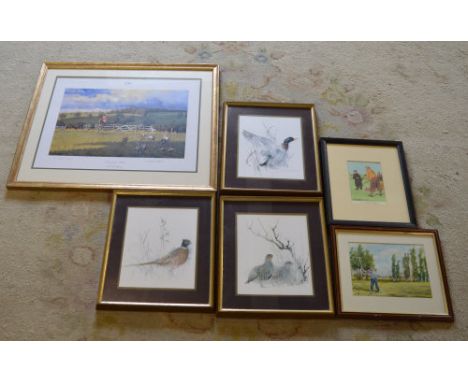 Various prints including a hunting scene