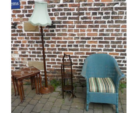 Standard lamp, folding cake stand, nest of tables & Lloyd Loom style chair