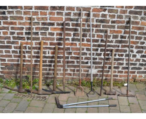 Gardening tools including sledge hammer, pick axe, rakes etc