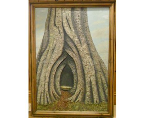 Large textured painting of a tree trunk by Arthur Smith 87 cm x 118 cm
