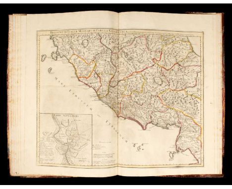 De Lisle (Guillaume) Large Folio Volume of Maps with hand coloured borders, large folio, quarter calf with patchwork marbled 
