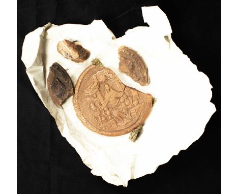 Great Seal of James II in brown wax, attached with braided metal thread ribbon, 15cm diameter, losseswrapped in a later paper