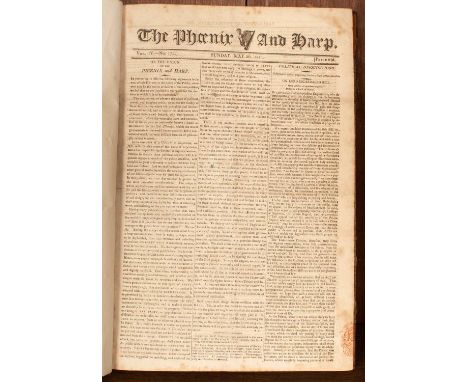 Periodicals to include: The Phoenix and Harp, 1811, folio, part calf and marbled boards, with another volume of The Harp; The