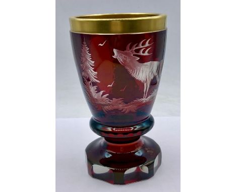 A Bohemian Beaker red glass with etched figures of Stag, possibly 1920's AF
