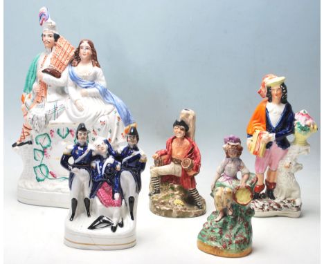 A group of five 19th century Victorian Staffordshire flat back ceramic figurines to include various sizes depicting various p