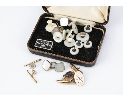 A pair of gold and enamel golfing oval cufflinks,  chain centres and torpedo backs, together with mother of pearl studs and y
