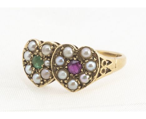 A contemporary  9ct ruby, emerald and seed pearl double heart ring, round cut emeralds and rubies in seed pearls, ring size N