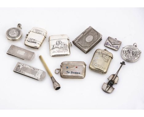 A group of twelve collectable silver and silver plated items, including four silver vesta cases, one with enamel A Match To S