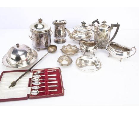 A small collection of silver and silver plated items, including two silver pierced dishes, a Georgian silver toddy ladle, spl