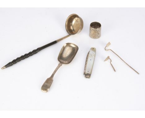 Six 19th and 20th century collectable silver items, including two miniature gardening tools, a mother of pearl and silver poc