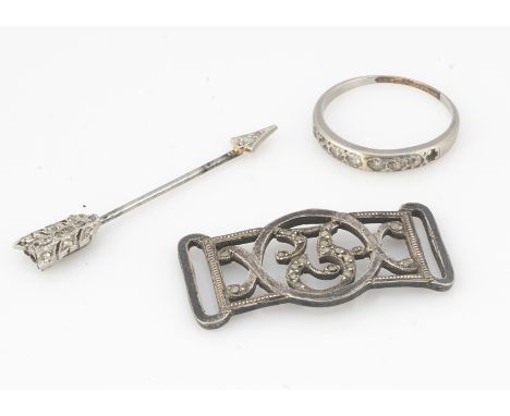 A miniature platinum and diamond jabot pin, of arrow design, 3.6cm, together with a white metal and diamond set half hoop ete