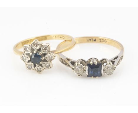 An 18ct gold sapphire and diamond cluster ring, in star setting, ring size J, 2.1g, together with a three stone blue and colo