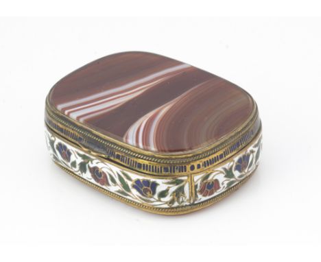 A 19th Century agate and champleve cushion shaped box, with floral enamel decorated band and red agate base and top in base m