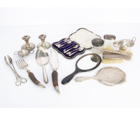 A collection of Victorian and later silver and silver plate, including a cased set of coffee spoons with tongs, a silver hand