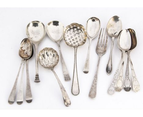 A collection of Georgian and later silver spoons, including two sifter spoons, bright cut teaspoons, others and a Christening