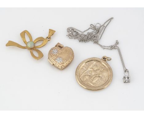 A small quantity of gold pendants, including a St Christopher, a heart shaped locket, small diamond pendant on chain (af), op