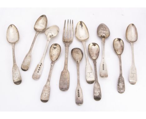 An harlequin group of ten William IV period Irish silver spoons and a fork, six teaspoons, four mustard spoons and a small fo