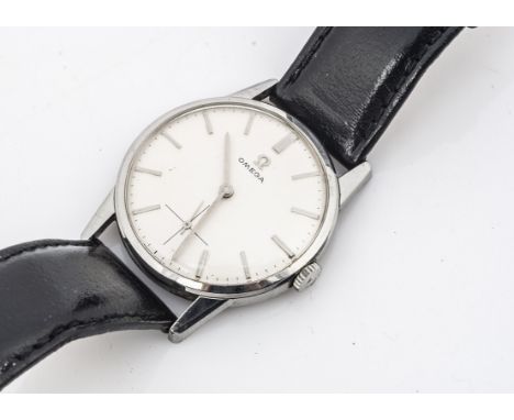 A 1960s Omega manual wind stainless steel cased wristwatch, 32mm, silvered dial with batons, running well, on black leather l