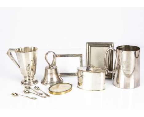 A George V silver 1/2 pint Christening tankard by Walker &amp; Hall, 6.73 ozt, together with a small Art Deco period silver m