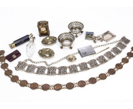 A group of objets d'art and collectables, including a belt made up of pennies, a plated belt, a double ended scent bottle, AF