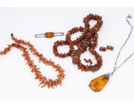 A quantity of organic jewels, including a coral branch necklace, 45cm, a copal amber necklace, 35cm, opal boulder and silver 