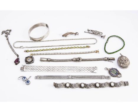 A collection of silver jewellery, including an Edwardian fob compass lacking bale, a Football league enamel fob, a silver bra