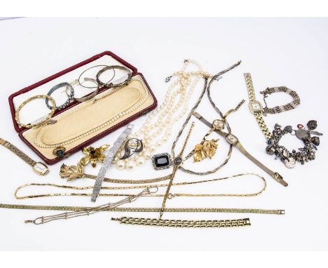 A silver charm bracelet, together with a silver bamboo bangle, and a quantity of costume jewels (a parcel) 