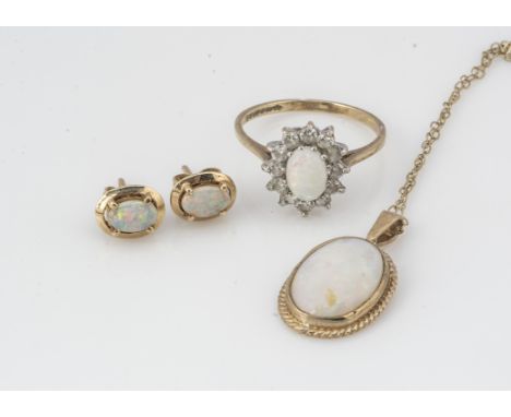 A collection of opal 9ct gold set jewellery, including cluster ring, ring size O, opal oval drop pendant and a pair of studs,