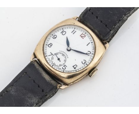 A 1940s Longines manual wind 9ct gold case wristwatch, AF, 30mm square case, white enamel dial, cracked, movement no. 6819348