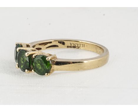 A contemporary Iliana 18ct gold green chrome diopside three stone dress ring, ring size O, 3.7g 