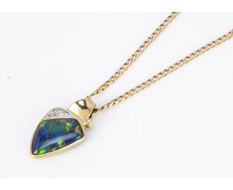 An 18ct gold black opal and diamond triangular pendant, on a flattened curb link 18ct gold chain, together with pendant 27.5c